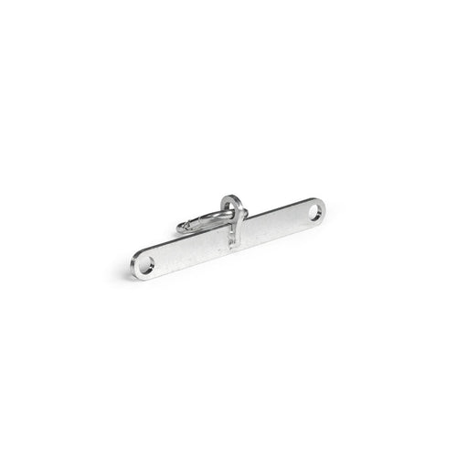 A silver metal Bells of Steel 2 to 1 Cable Attachment Adapter with a long flat base, two mounting holes, and a center hook—ideal for gym equipment—is shown on a white background.