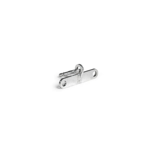 The Bells of Steel 2 to 1 Cable Attachment Adapter is a compact, metallic latch with a cylindrical bolt and two screw holes at each end—perfect for securing components to a cable tower, shown isolated on a white background.