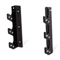 The Bells of Steel 3 Barbell Wall Rack includes two black metal brackets with multiple notched hooks and screws for secure, wall-mounted barbell storage, shown upright against a white background.
