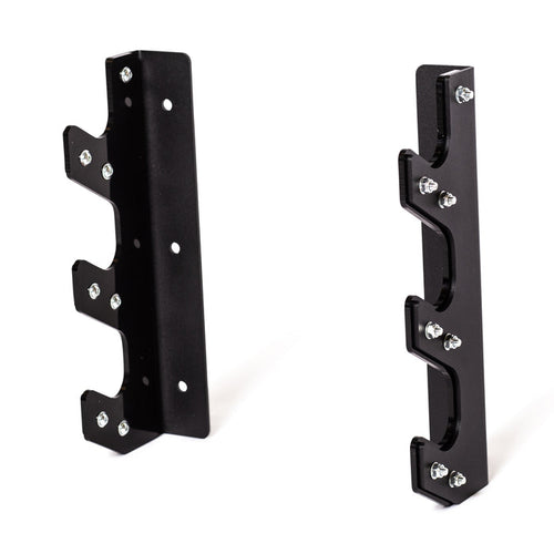 The Bells of Steel 3 Barbell Wall Rack includes two black metal brackets with multiple notched hooks and screws for secure, wall-mounted barbell storage, shown upright against a white background.
