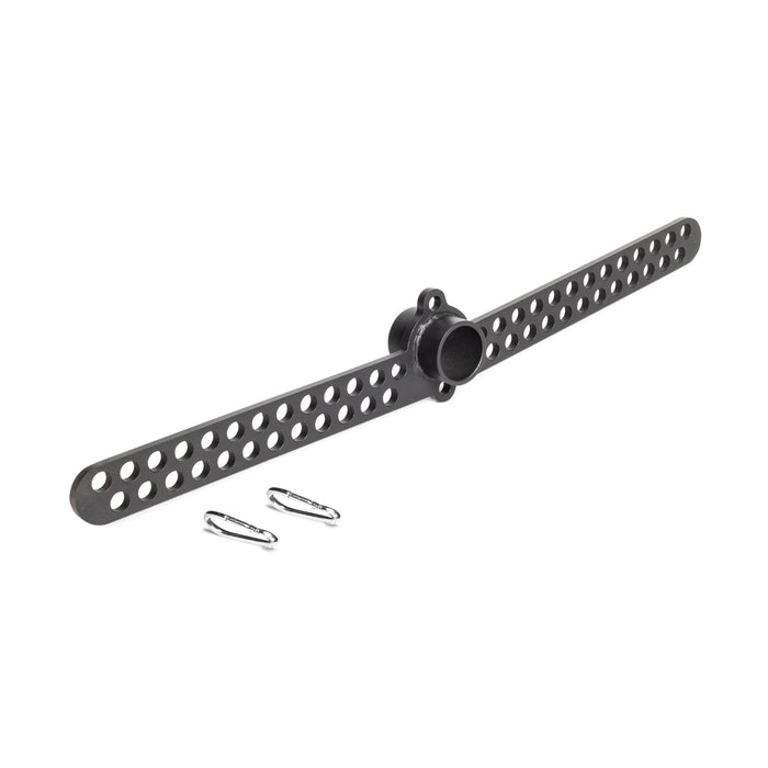 The Bells of Steel 30 D-Handle Bar Cable Attachment with Carabiners, featuring a black perforated metal bar and central hub, is shown next to two carabiners—perfect as a cable machine attachment on a white background.