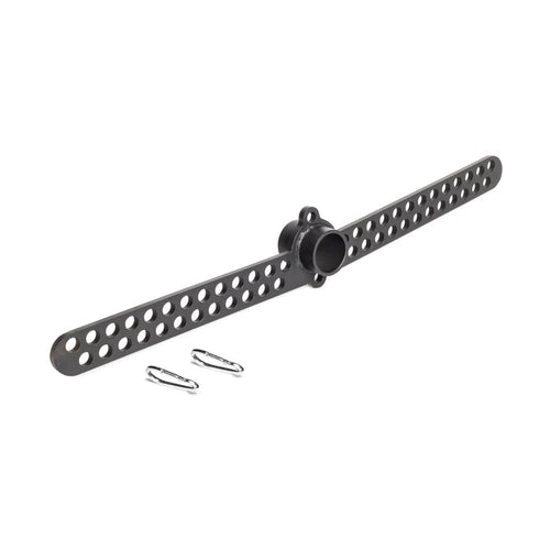 The Bells of Steel 30 D-Handle Bar Cable Attachment with Carabiners, featuring a black perforated metal bar and central hub, is shown next to two carabiners—perfect as a cable machine attachment on a white background.