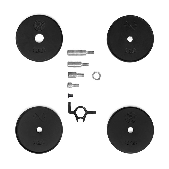 The 48KG Extension Kit for Adjustable Kettlebell by Bells of Steel USA (Wildman Poison Pill) features weight plates, a clamp, nut, and metal rods—perfectly arranged on a white background for building your own adjustable or heavy kettlebell set.