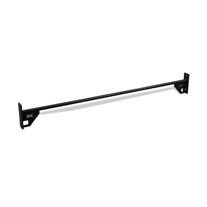 The Bells of Steel 70" Pull Up Bar is a black metal crossbar with mounting brackets, perfect for installation between walls or rack sides as a pull up bar or power rack accessory.