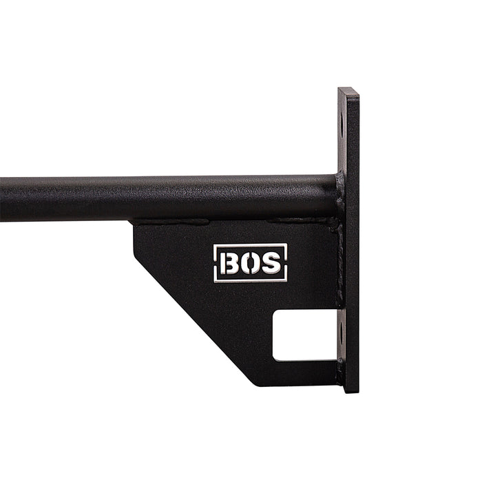 Close-up of a black metal wall bracket for the 70" Pull Up Bar by Bells of Steel, showing a flat mounting plate and "BOS" printed in white on the angled support.
