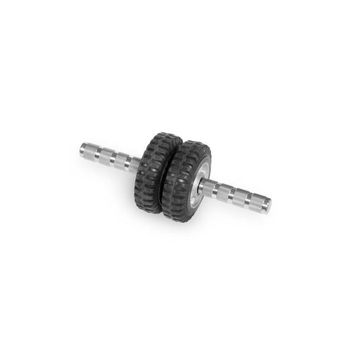 The ABsyidyan Stainless Steel Ab Roller by Bells of Steel USA features an extra-wide dual wheel with grooved treads, sturdy metal axle with ridged grips, and supports up to 500 lbs. Isolated on a white background.