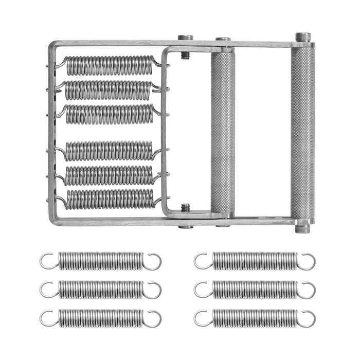 The Adjustable Forearm Heavy Trainer by Bells of Steel USA is a metal hand grip strengthener featuring multiple steel springs for progressive resistance, shown here with six detached replacement springs on a white background for customizable training.