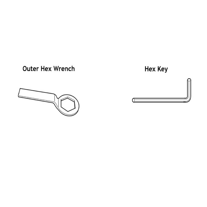 Diagram depicting an outer hex wrench on the left and a hex key (Allen wrench) on the right, both labeled in black text on a white background—perfect for use with Bells of Steel USA Adjustable Kettlebell & Macebell Spare Parts or other gym equipment.