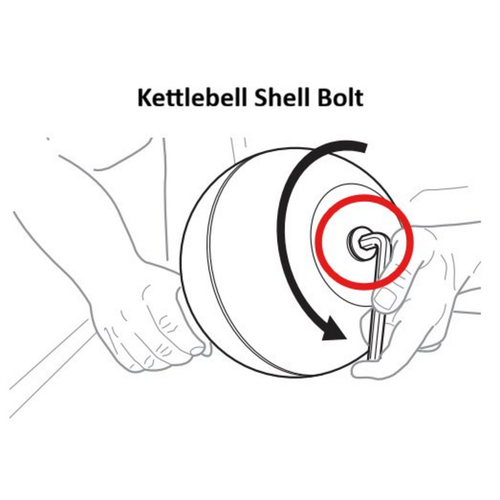 Line drawing of hands turning a bolt on the Bells of Steel USA Adjustable Kettlebell & Macebell Spare Parts shell with a hex wrench, featuring a large arrow indicating the rotation direction and a red circle highlighting the bolt. Text above reads "Kettlebell Shell Bolt.