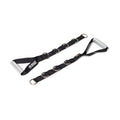 A pair of Bells of Steel Adjustable Length Aluminum Handles with padded gray grips, adjustable straps, and metal D-rings is laid flat on a white background—essential gym accessories for any workout.