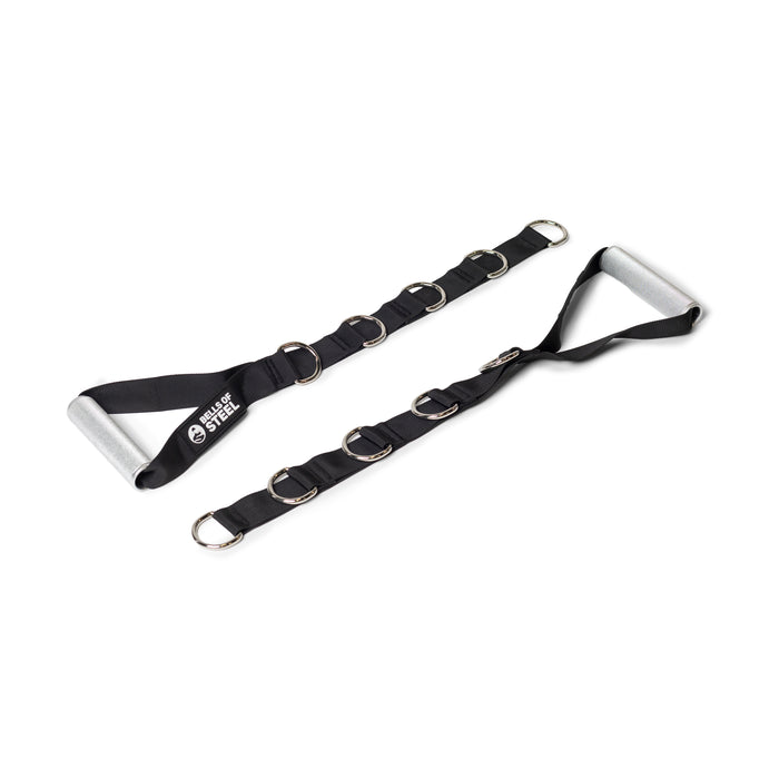 A pair of Bells of Steel Adjustable Length Aluminum Handles with padded gray grips, adjustable straps, and metal D-rings is laid flat on a white background—essential gym accessories for any workout.