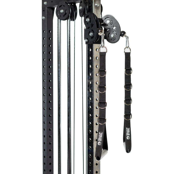 Close-up of Bells of Steel Adjustable Length Aluminum Handles (pair) with multiple metal rings, attached to a cable pulley exercise machine—essential gym accessories for versatile workouts and adjustable setups.