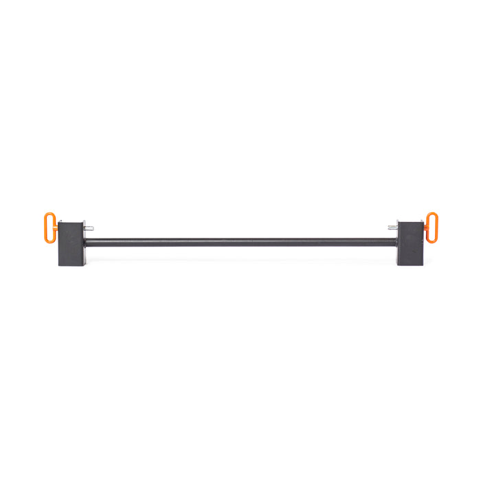 The Bells of Steel Adjustable Pull-up Bar Rack Attachment features a sleek black rod with two rectangular supports and orange loop handles. It stands out against a white background, making it an ideal addition to any power rack setup.