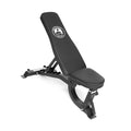 The Bells of Steel Adjustable Utility Bench features a padded seat and backrest with the brand logo, shown in an inclined position to highlight its customizable incline angles against a white background.