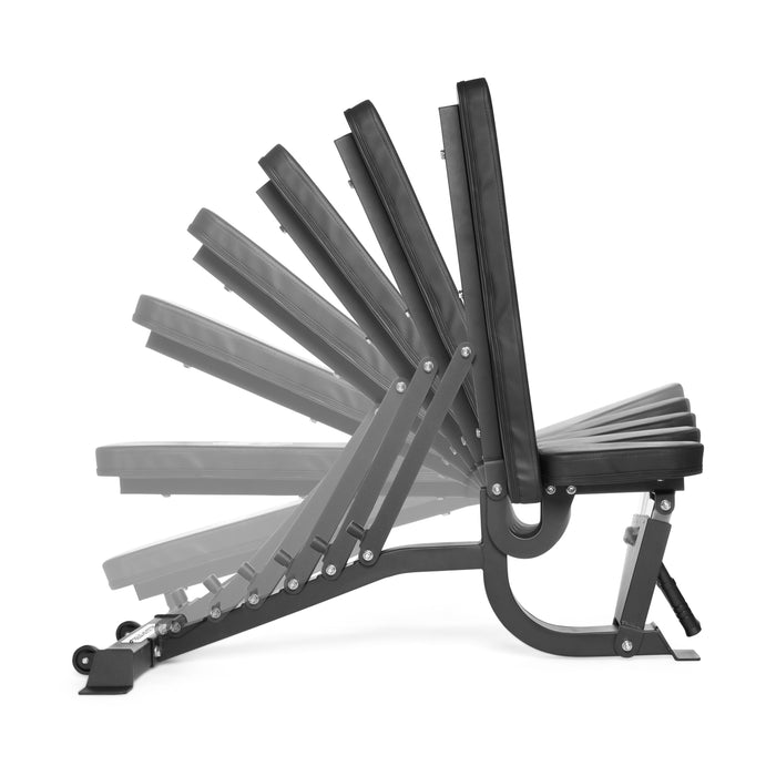 Side view of the Bells of Steel Adjustable Utility Bench, featuring multiple backrest positions from flat to upright for versatile workouts and a robust 575lb max capacity.