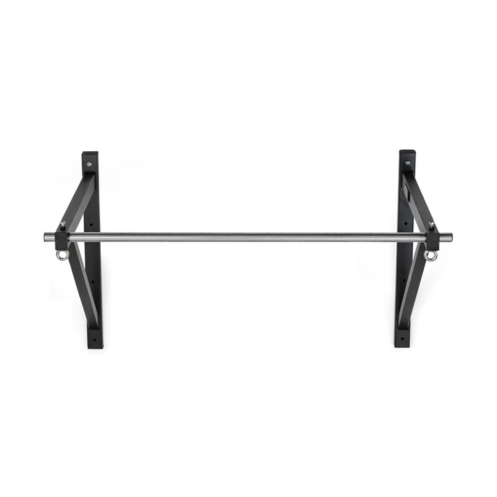 The Bells of Steel Adjustable Wall or Ceiling Mounted Pull-Up Bar features a sleek metal design with black brackets, ideal for home or gym. Its kipping-friendly setup includes rings for attachments, set against a plain white background.