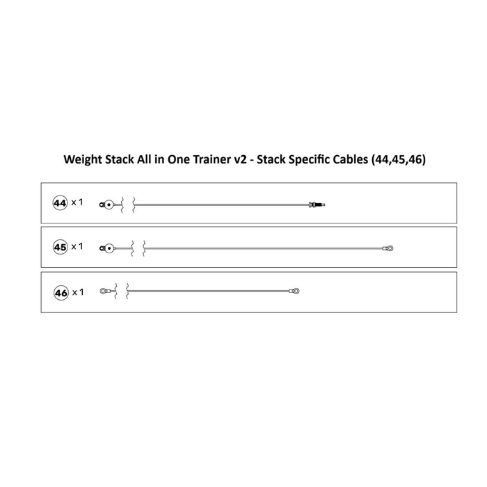 Diagram illustrating three labeled weight stack cables (44, 45, and 46) from the Bells of Steel USA All-in-One Trainer 2.0 Spare Parts collection. Each cable is shown with its distinct connectors as an individual spare part, with a quantity of one per cable displayed on the left.