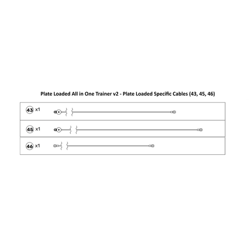 Diagram displaying three specific cables for the Bells of Steel USA All-in-One Trainer 2.0 Spare Parts, labeled 43, 45, and 46—each showcased in individual boxes and listed as quantity one—making them perfect as replacement or spare cables.