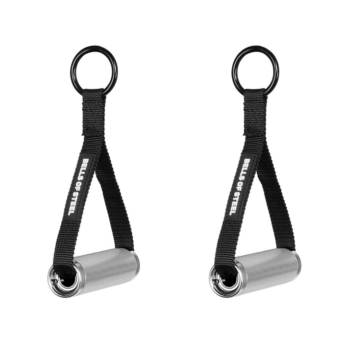 The Bells of Steel USA Aluminum Handles Pair with Bearings features two adjustable, cylindrical aluminum handles with a textured grip, black fabric straps, and rings for attachment—ideal for grip strength training.