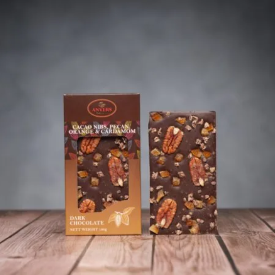 Anvers Chocolate - Dark 64% Cacao Nibs, Orange Peel, Peacans and Cardamom