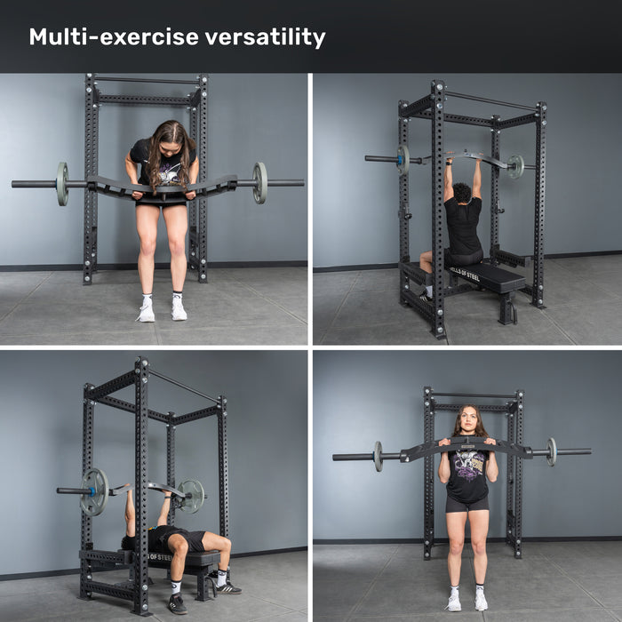 Four images show a woman using the Bells of Steel Arch Nemesis Swiss Bar and a weight rack for bent-over row, overhead press, bench press, and standing barbell press. Caption: "Multi-exercise versatility with specialty barbells.