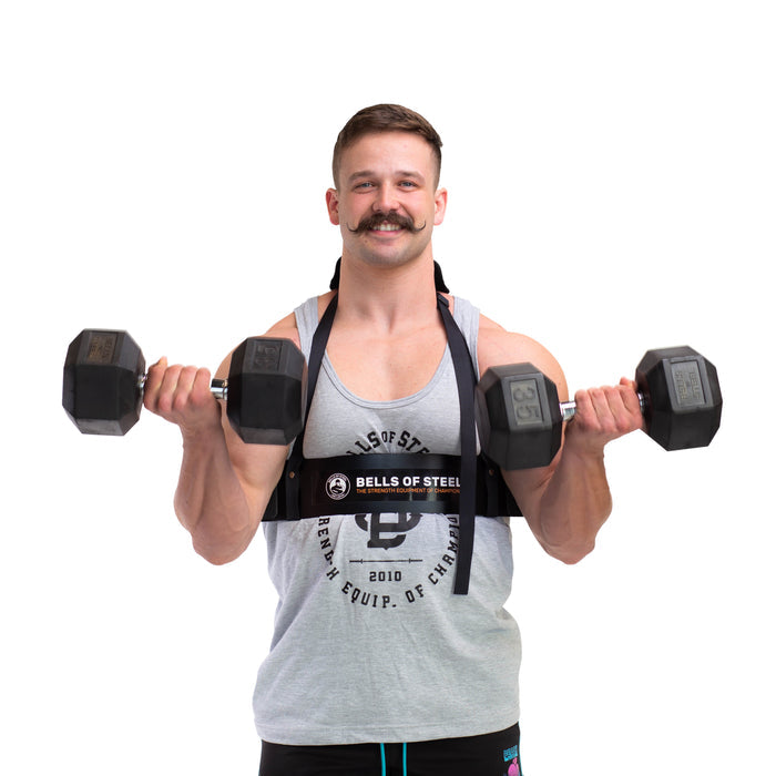 A man with a mustache demonstrates proper bicep curl form using the Bells of Steel Arm Blaster.