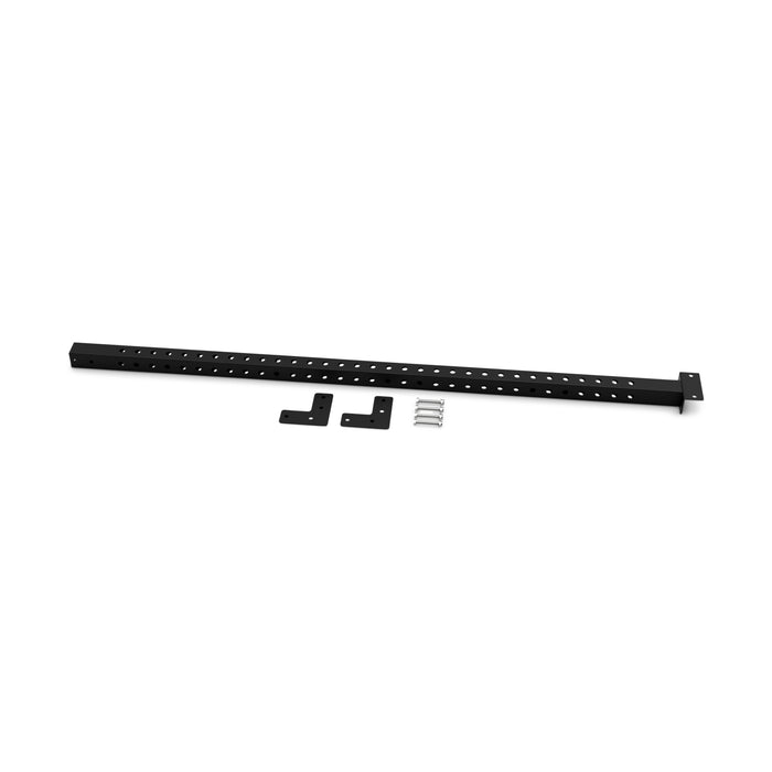 The Back Upright Attachment for Cable Tower by Bells of Steel includes a long black metal bar with holes, two black L-shaped brackets, and three silver bolts—ideal hardware for upgrading your Plate Loaded Cable Tower or Squat Stands.