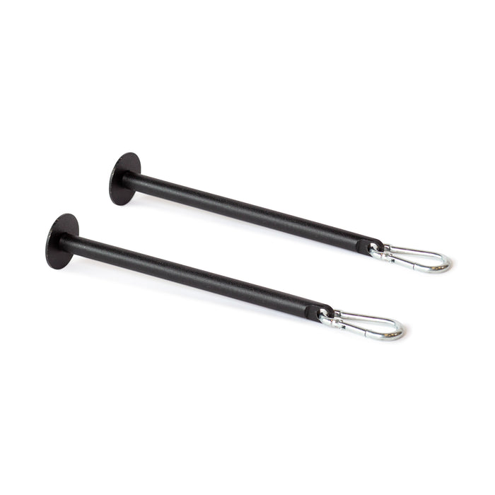 The Bells of Steel Band Pegs with Carabiners feature two black metal pegs, each with a circular base and a silver carabiner clip, perfect for attaching resistance bands to your power rack. Displayed on a white background.