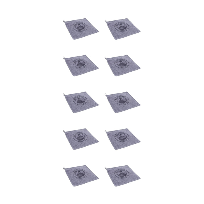 Ten gray Barbell Cleaning Microfiber Towels by Bells of Steel, featuring circular designs and text, are arranged in rows on a white background. Each lint-free towel has a small corner loop for hanging.