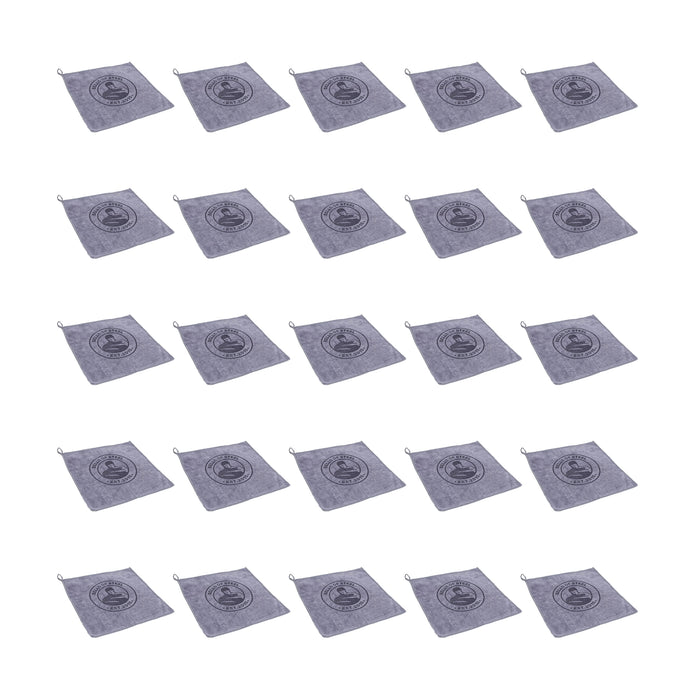 Twenty-five Bells of Steel Barbell Cleaning Microfiber Towels, dark gray with circular logos and corner loops, are neatly arranged in a grid on a white background. These lint-free towels are ideal for cleaning barbells.