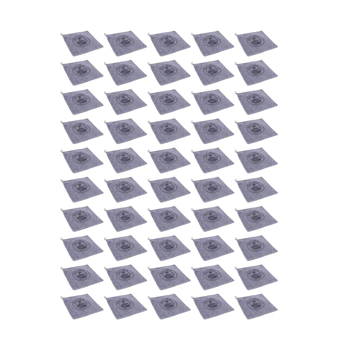 A grid of 42 gray Bells of Steel Barbell Cleaning Microfiber Towels, lint-free and evenly spaced in diagonal rows, displayed on a white background.