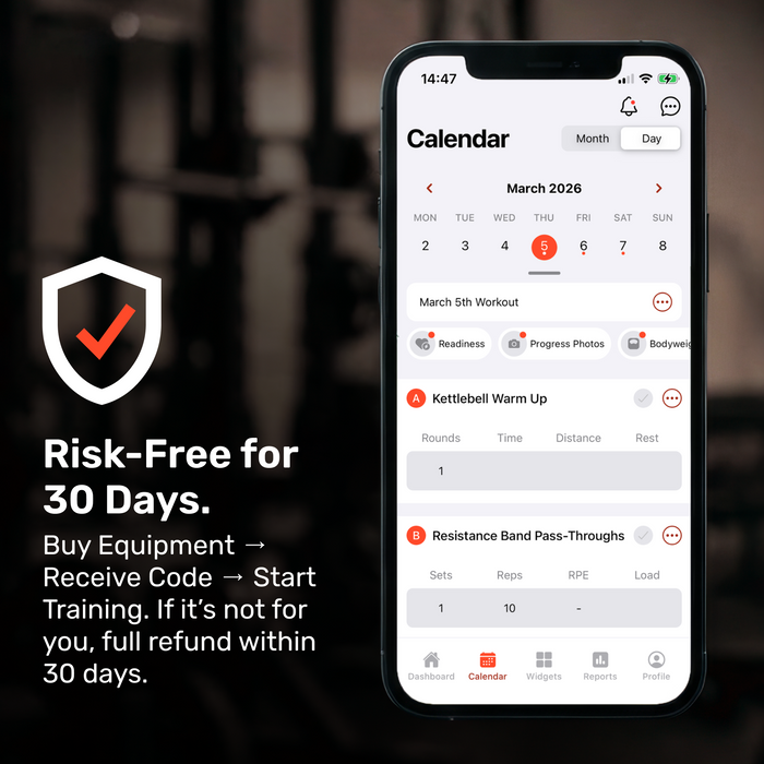 A smartphone shows the Bells of Steel Training App’s calendar and workouts. Text: “30-Day Risk-Free Trial. Buy Equipment → Get Code → Start Training. Not satisfied? Full refund in 30 days.” A checkmark shield icon appears above. Brand: Bells of Steel.