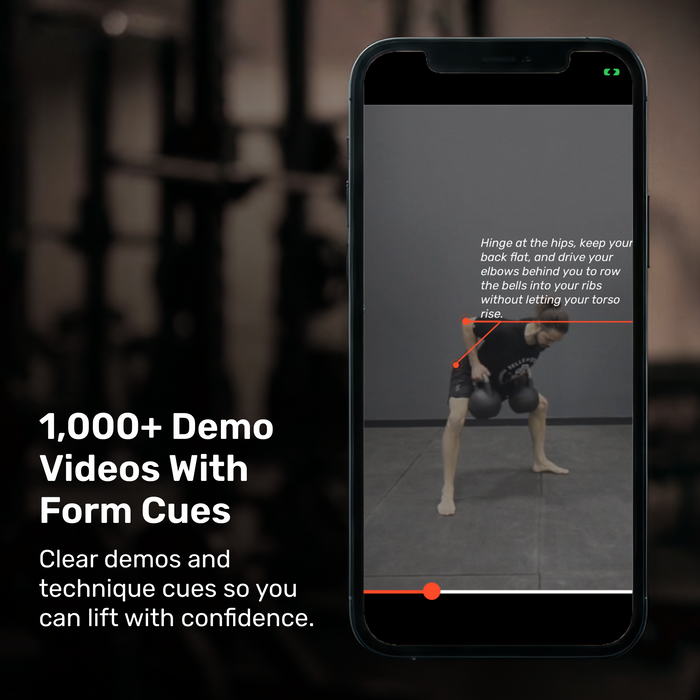 A smartphone shows a workout demo from the Bells of Steel Training App. Text reads: "1,000+ demo videos with clear form cues help you lift confidently—only on the Bells of Steel app.