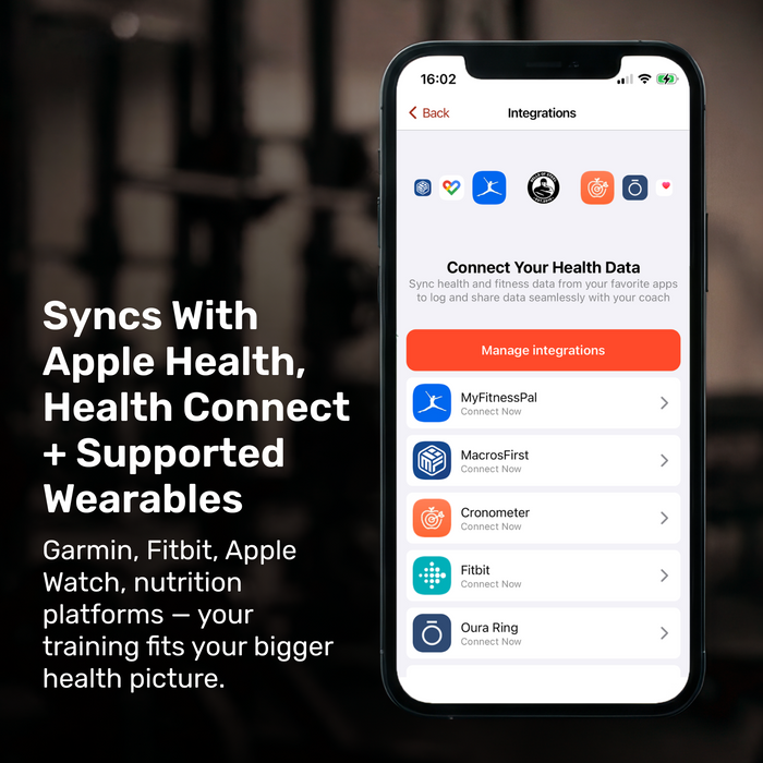 A smartphone shows the Bells of Steel Training App by Bells of Steel, integrated with MyFitnessPal, MacroFactor, Fitbit, and syncing to Apple Health, Health Connect, and wearables for seamless fitness tracking.