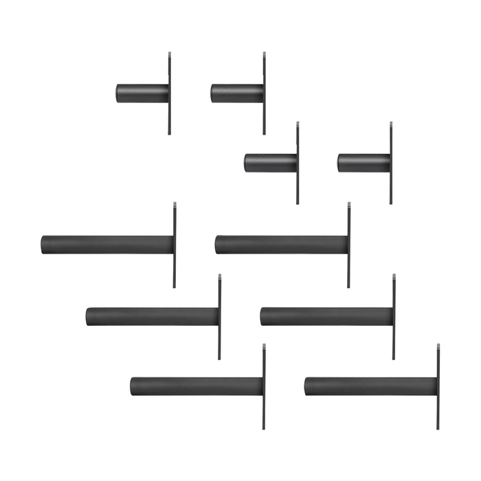 Ten Bolt-On Plate Peg Sets by Bells of Steel, in black metal and varying lengths, are displayed on a white background. Each features a flat vertical mounting plate with a horizontal rod for weight plate storage.