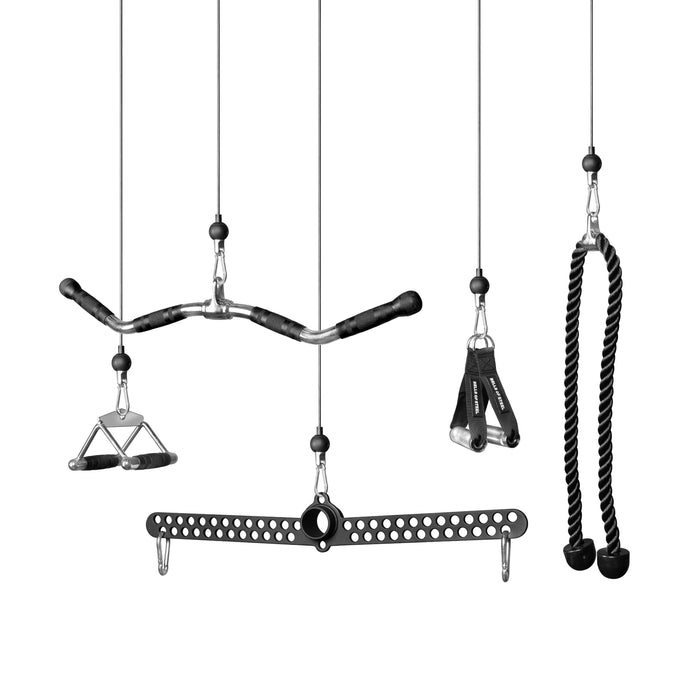 The Bells of Steel USA Cable Accessory Bundle displays a V-handle, multi-grip lat pulldown bar, single-handle strap, and double tricep rope extension hanging from cables against a white background.