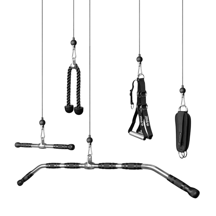The Bells of Steel USA Cable Accessory Bundle, featuring a tricep rope, ankle strap, handle, straight bar, and lat pulldown bar, hangs from cables against a white background.
