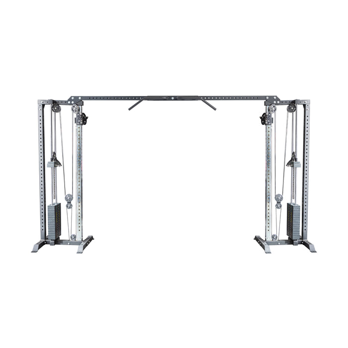 The Bells of Steel Cable Crossover Machine features dual adjustable pulleys, weight stacks on both sides, and a pull-up bar—ideal for versatile strength training exercises.