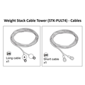 Diagram showing two types of Cable Tower Spare Parts (STK-PULT4-MA / PULT5-MA) from Bells of Steel USA: a long cable labeled "28" and a short cable labeled "29," each depicted as one coiled piece. Perfect replacements for plate-loaded cable systems or machines equipped with a cable tower selector knob.