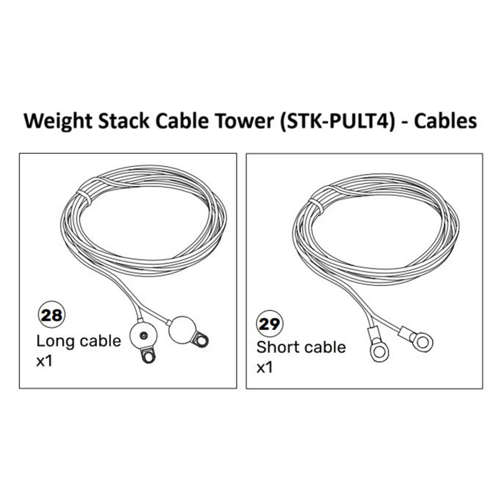 Diagram showing two types of Cable Tower Spare Parts (STK-PULT4-MA / PULT5-MA) from Bells of Steel USA: a long cable labeled "28" and a short cable labeled "29," each depicted as one coiled piece. Perfect replacements for plate-loaded cable systems or machines equipped with a cable tower selector knob.
