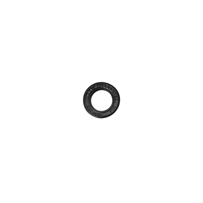 Close-up of a black rubber gasket on a white background, mirroring the sleek design of Bells of Steel's Calibrated Powerlifting Plates - LB, complete with embossed text to boost precision and utility.