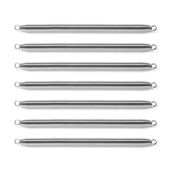 Eight identical Chest Expander Replacement Springs by Bells of Steel USA are arranged in parallel rows on a white background, each featuring circular loops at both ends—ideal for replacing old springs in your chest expander.