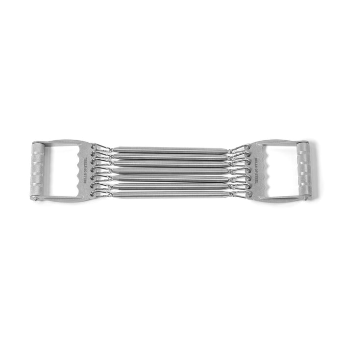 The Bells of Steel Chest Expander, featuring five metal springs and two textured handles for muscle building, is displayed flat on a white background.