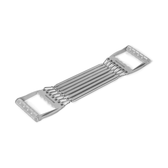 The Bells of Steel Chest Expander is a durable metal tool featuring five resistance springs and handles on each end, ideal for muscle building and strength training.