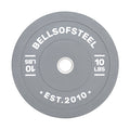The Bells of Steel Colored Bumper Plates include a grey round design with "BELLSOFSTEEL" and "10 LBS" inscribed, plus "EST. 2010" at the bottom. Its stainless steel insert ensures accurate weight and a perfect fit on barbells.