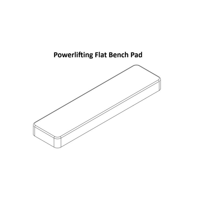 Line drawing of a rectangular “Competition Flat Bench Pad Spare Parts” labeled above it. The pad, by Bells of Steel USA, appears thick and is shown in a three-dimensional perspective on a white background, making it an essential accessory for any serious powerlifting bench setup.