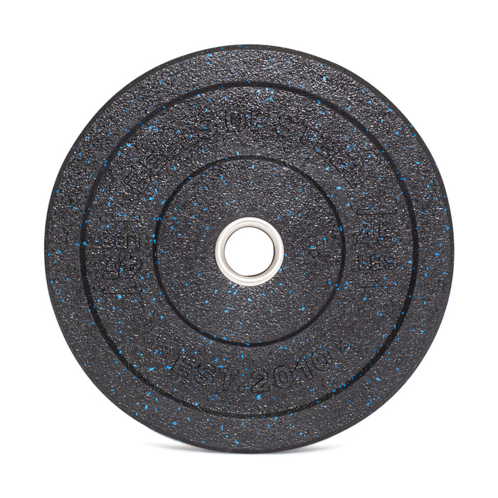 The Bells of Steel Crumb Bumper Plates, featuring a textured black surface with blue speckles and a metal center ring, are ideal for elevating your strength training and weightlifting sessions.