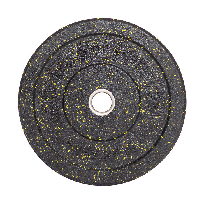 Close-up of a Bells of Steel Crumb Bumper Plate, featuring a round black design with yellow specks and a central hole, perfect for weightlifting or enhancing your lifting game.