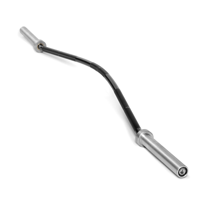 The Curved Squat Bar from Bells of Steel features a curved black design and straight silver sleeves on both ends, set against a white background.