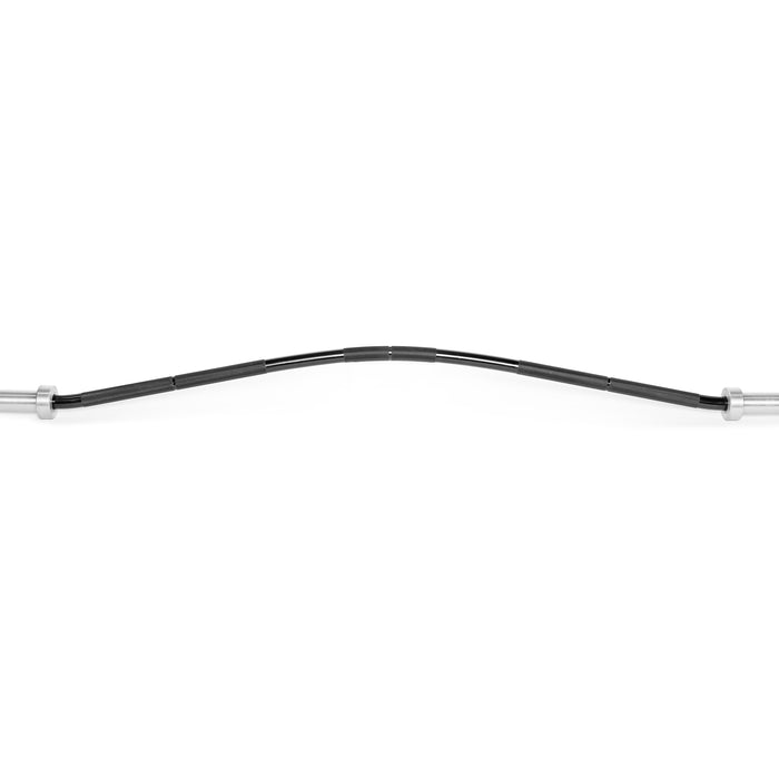 The Bells of Steel Curved Squat Bar, arch-shaped and black with white ends, is displayed against a plain white background, symbolizing the perfect tension crucial for muscular development.